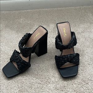Qupid Black Braided Block Heel Sandals
